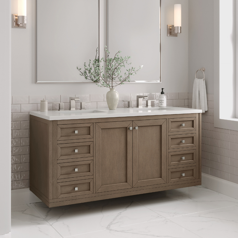 High-end  Transitional style floating bathroom vanity  (Chicago in Whitewashed Walnut)