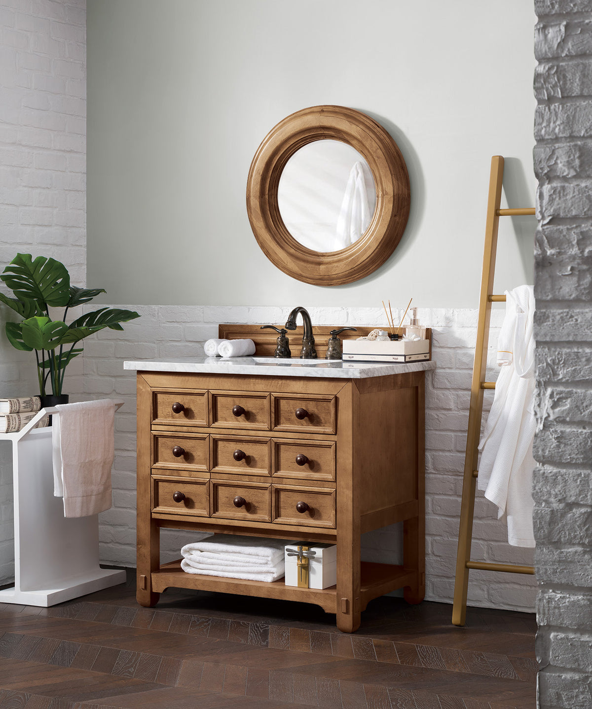 36" Malibu Single Bathroom Vanity, Honey Alder with Carrara Marble Top