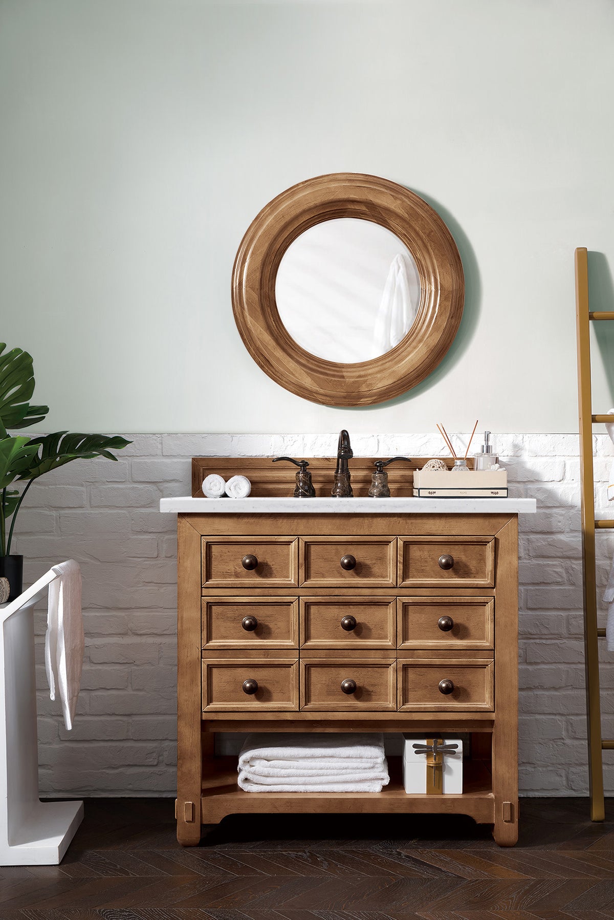 36" Malibu Single Bathroom Vanity, Honey Alder with Arctic Fall Solid Surface Top