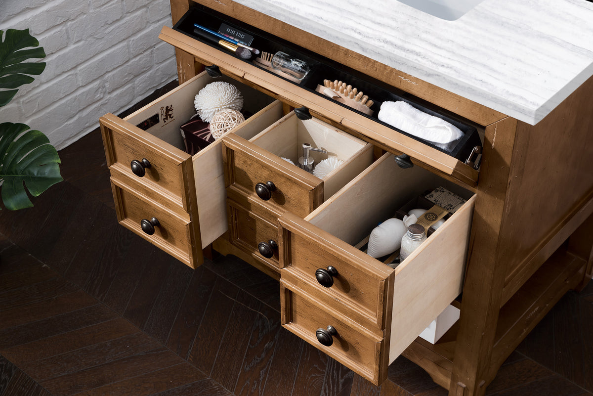 36" Malibu Single Bathroom Vanity, Honey Alder with Arctic Fall Solid Surface Top