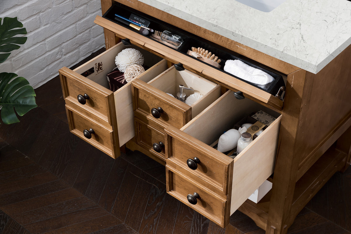 36" Malibu Single Bathroom Vanity, Honey Alder with Eternal Jasmine Pearl Top