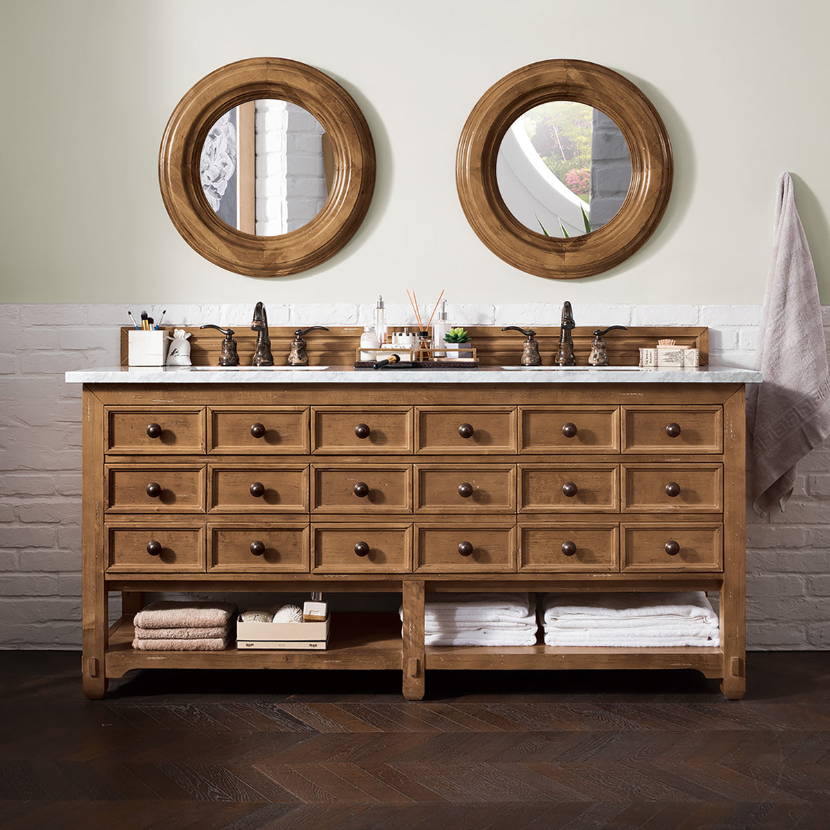 72" Malibu Double Bathroom Vanity, Honey Alder with Carrara Marble Top