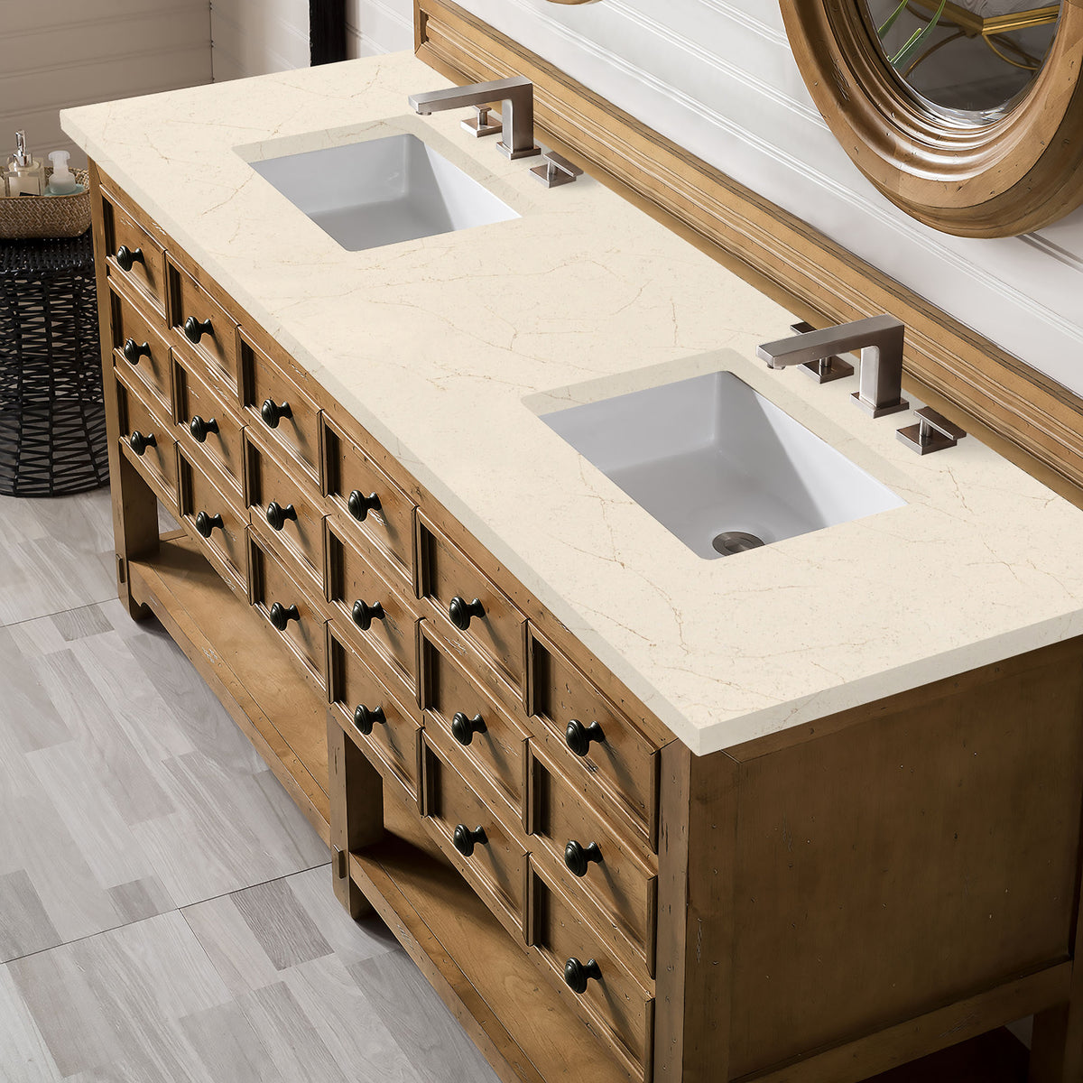 72" Malibu Double Bathroom Vanity, Honey Alder with Eternal Marfil Quartz