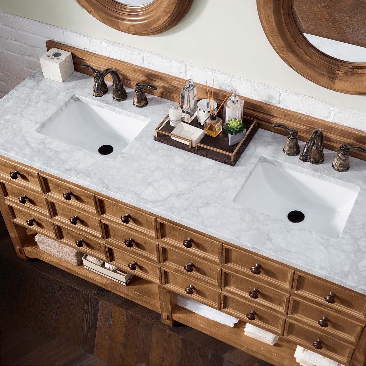 72" Malibu Double Bathroom Vanity, Honey Alder with Carrara Marble Top