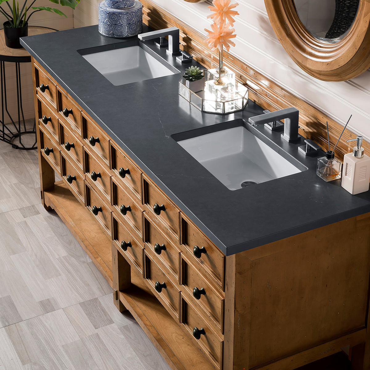 72" Malibu Double Bathroom Vanity, Honey Alder with Charcoal Soapstone Quartz