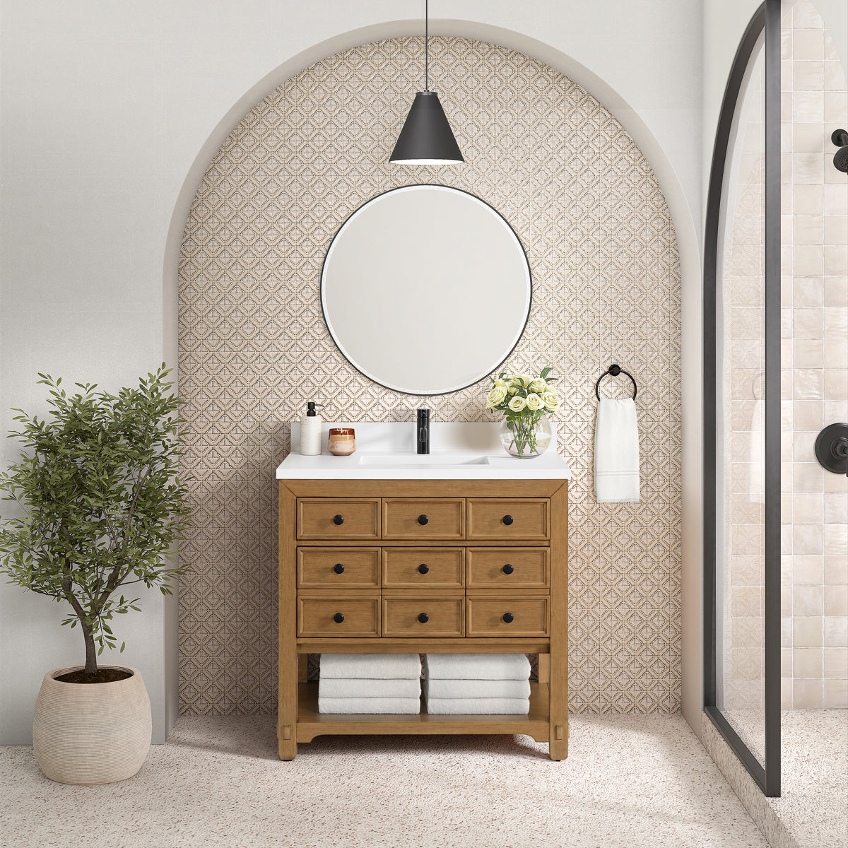 36" Malibu Single Bathroom Vanity, Amber Birch with Single-Hole White Zeus Top