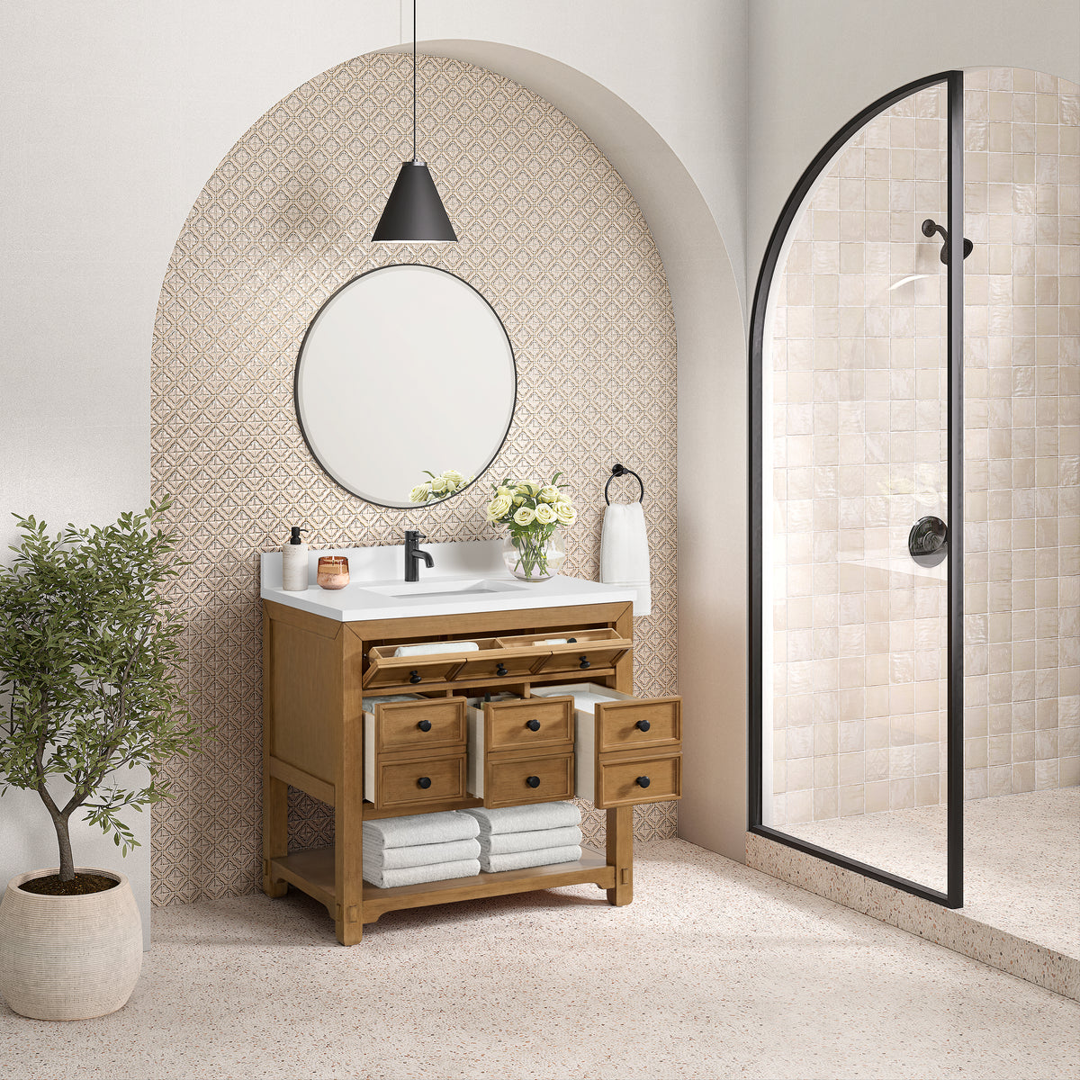 36" Malibu Single Bathroom Vanity, Amber Birch with Single-Hole White Zeus Top