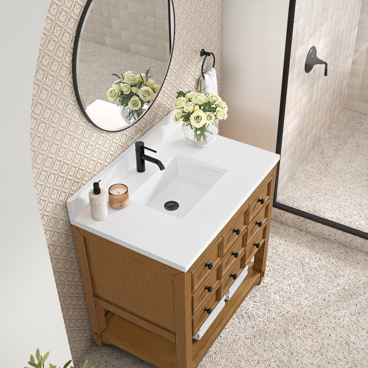 36" Malibu Single Bathroom Vanity, Amber Birch with Single-Hole White Zeus Top