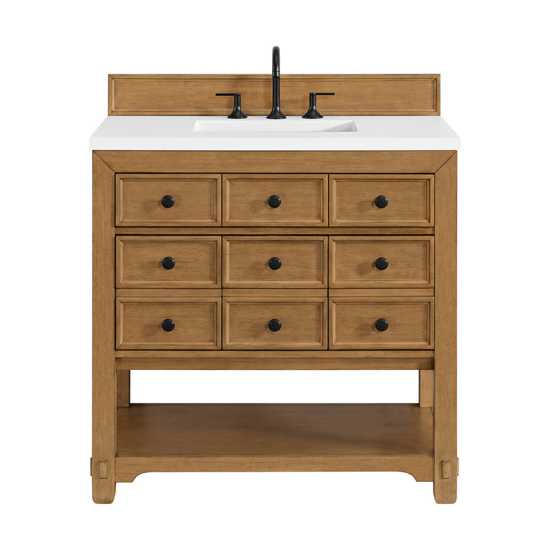 36" Malibu Single Bathroom Vanity, Amber Birch with White Zeus Top