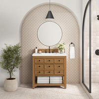 36" Malibu Single Bathroom Vanity, Amber Birch with White Zeus Top