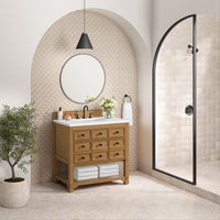 36" Malibu Single Bathroom Vanity, Amber Birch with White Zeus Top