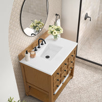 36" Malibu Single Bathroom Vanity, Amber Birch with White Zeus Top