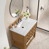 36" Malibu Single Bathroom Vanity, Amber Birch with Arctic Fall Solid Surface Top