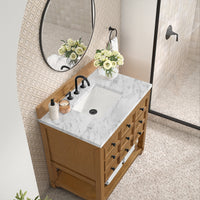 36" Malibu Single Bathroom Vanity, Amber Birch with Carrara Marble Top