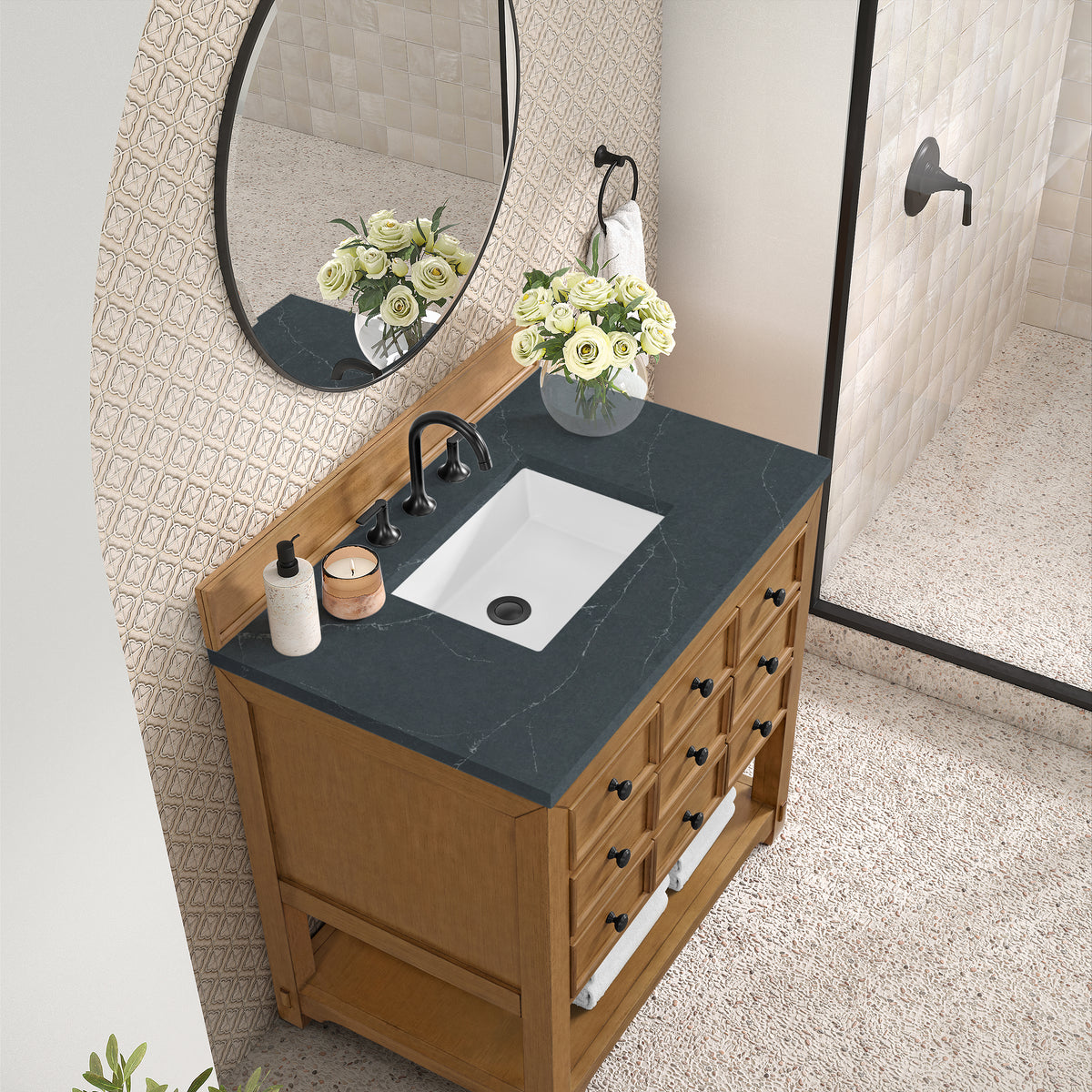 36" Malibu Single Bathroom Vanity, Amber Birch with Charcoal Soapstone Top