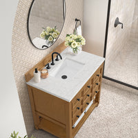 36" Malibu Single Bathroom Vanity, Amber Birch with Eternal Jasmine Pearl Top