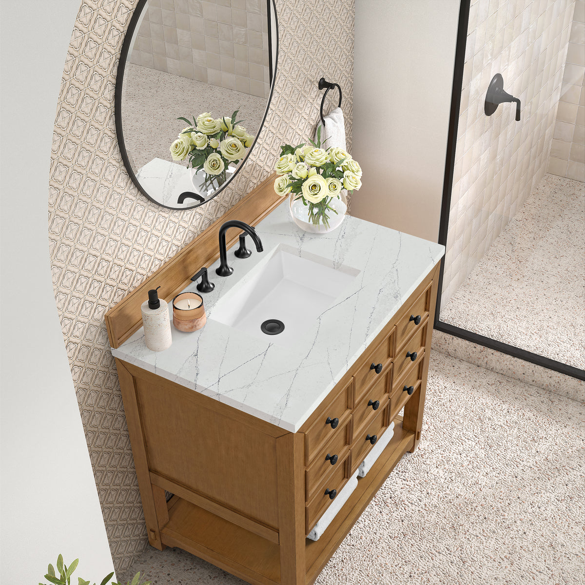 36" Malibu Single Bathroom Vanity, Amber Birch with Ethereal Noctis Top