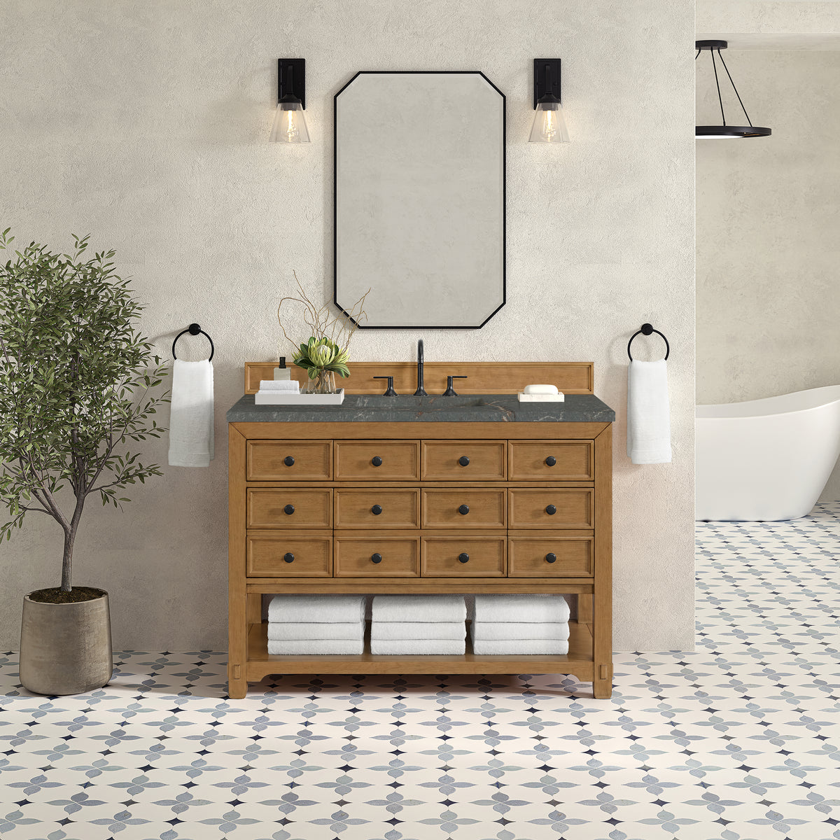 48" Malibu Single Bathroom Vanity, Amber Birch with Parisien Bleu Top