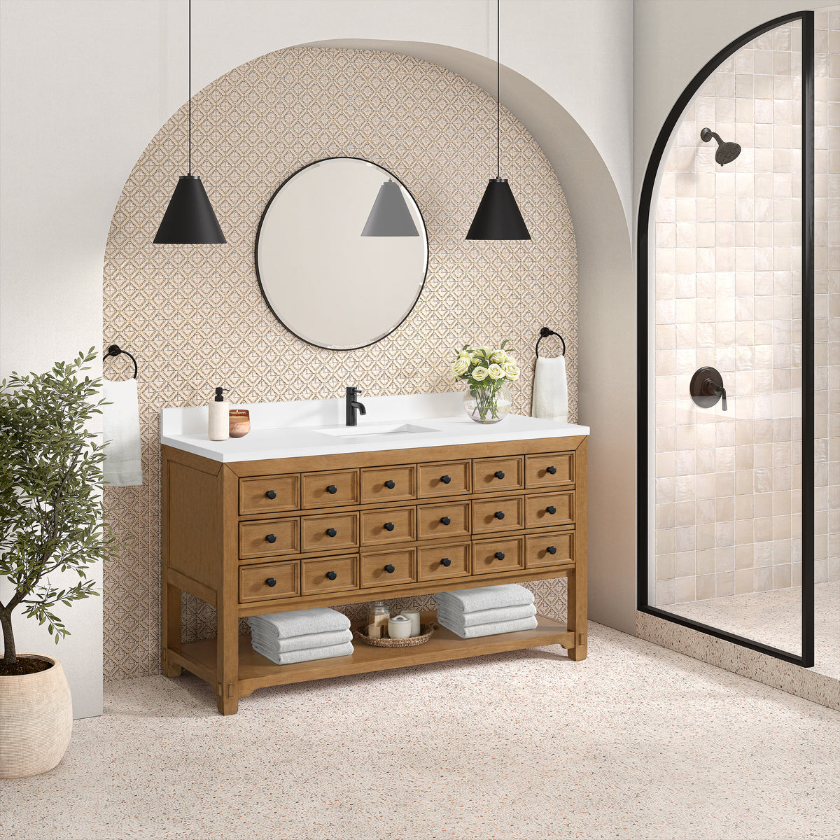 60" Malibu Single Bathroom Vanity, Amber Birch with Single-Hole White Zeus Top