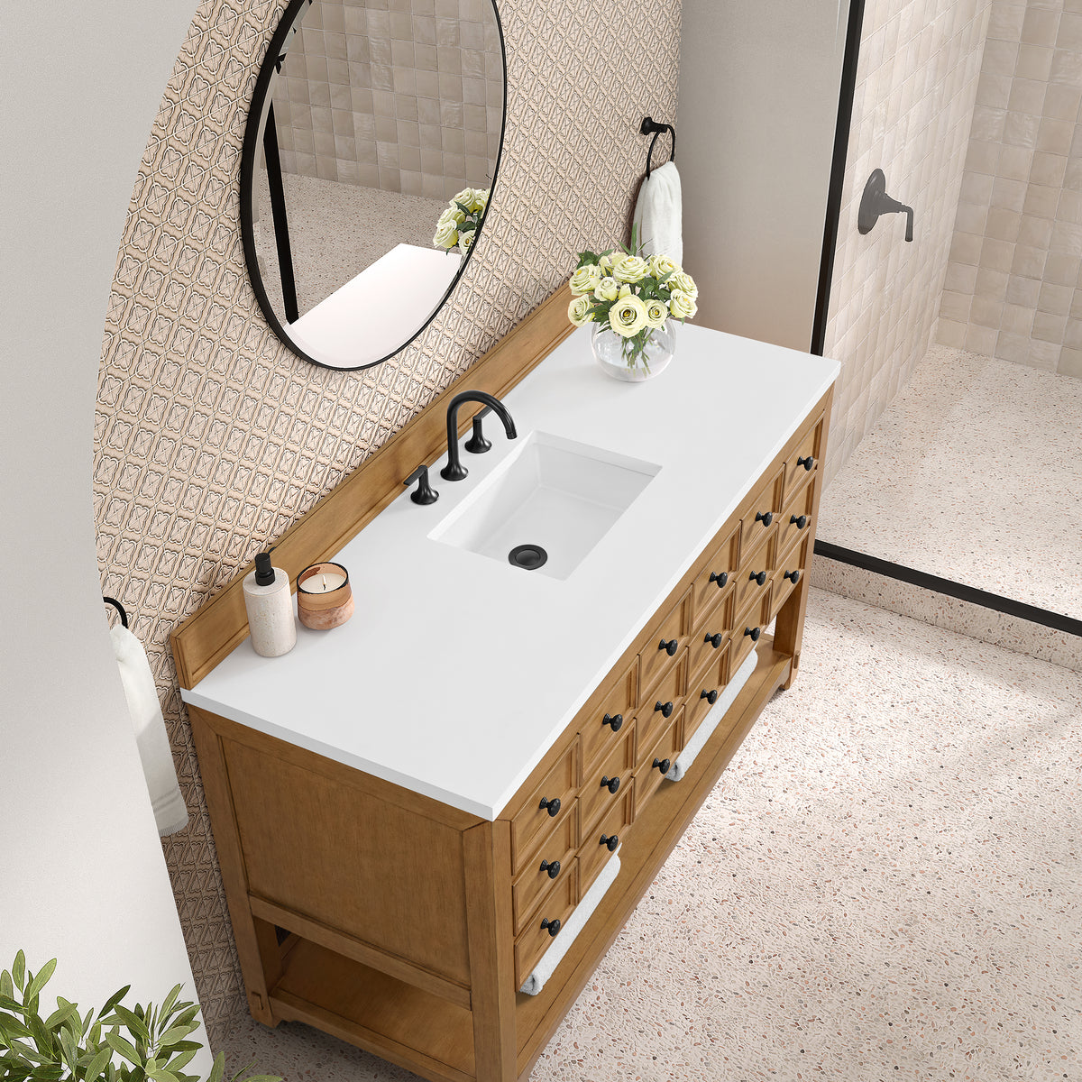 60" Malibu Single Bathroom Vanity, Amber Birch with White Zeus Top