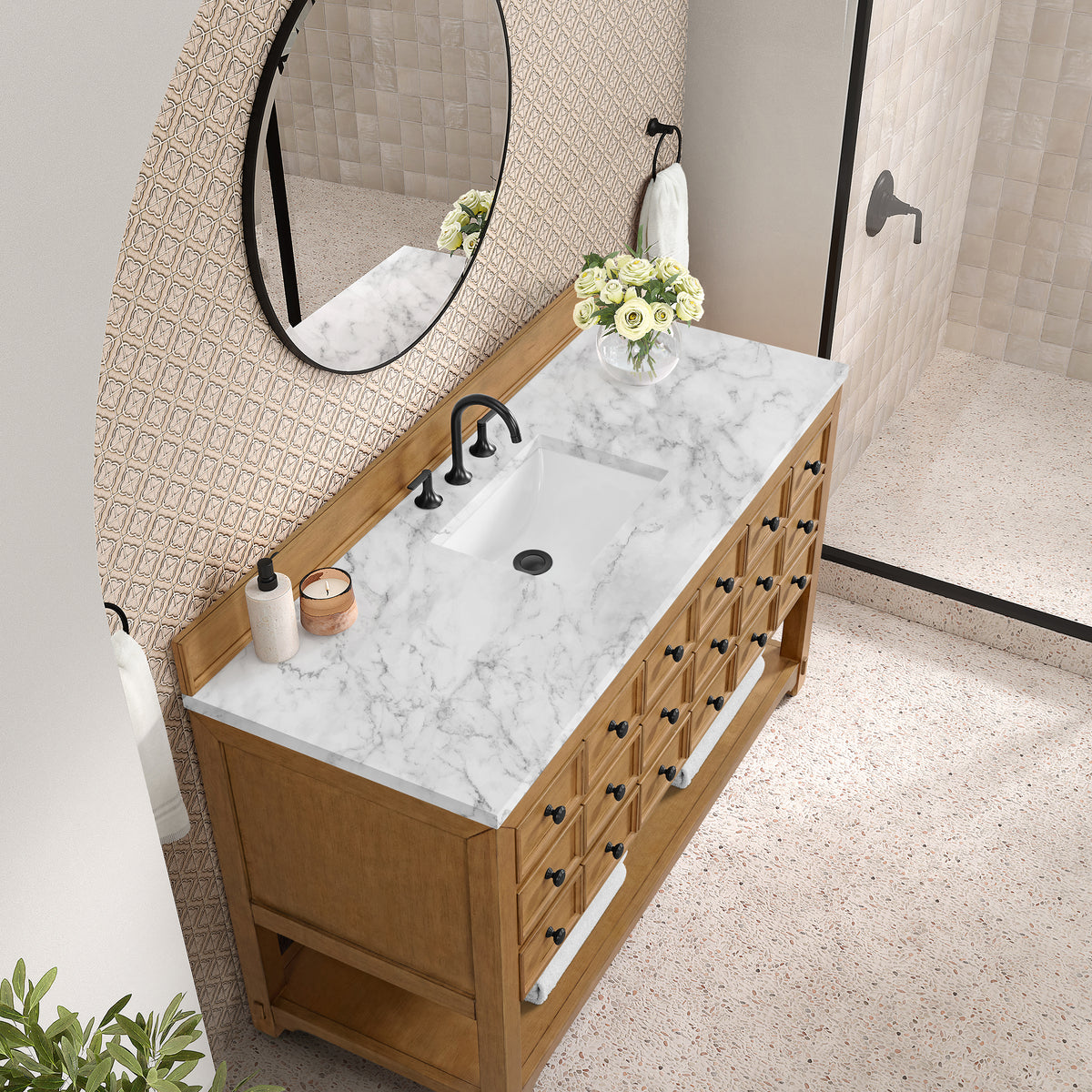 60" Malibu Single Bathroom Vanity, Amber Birch with Carrara Marble Top