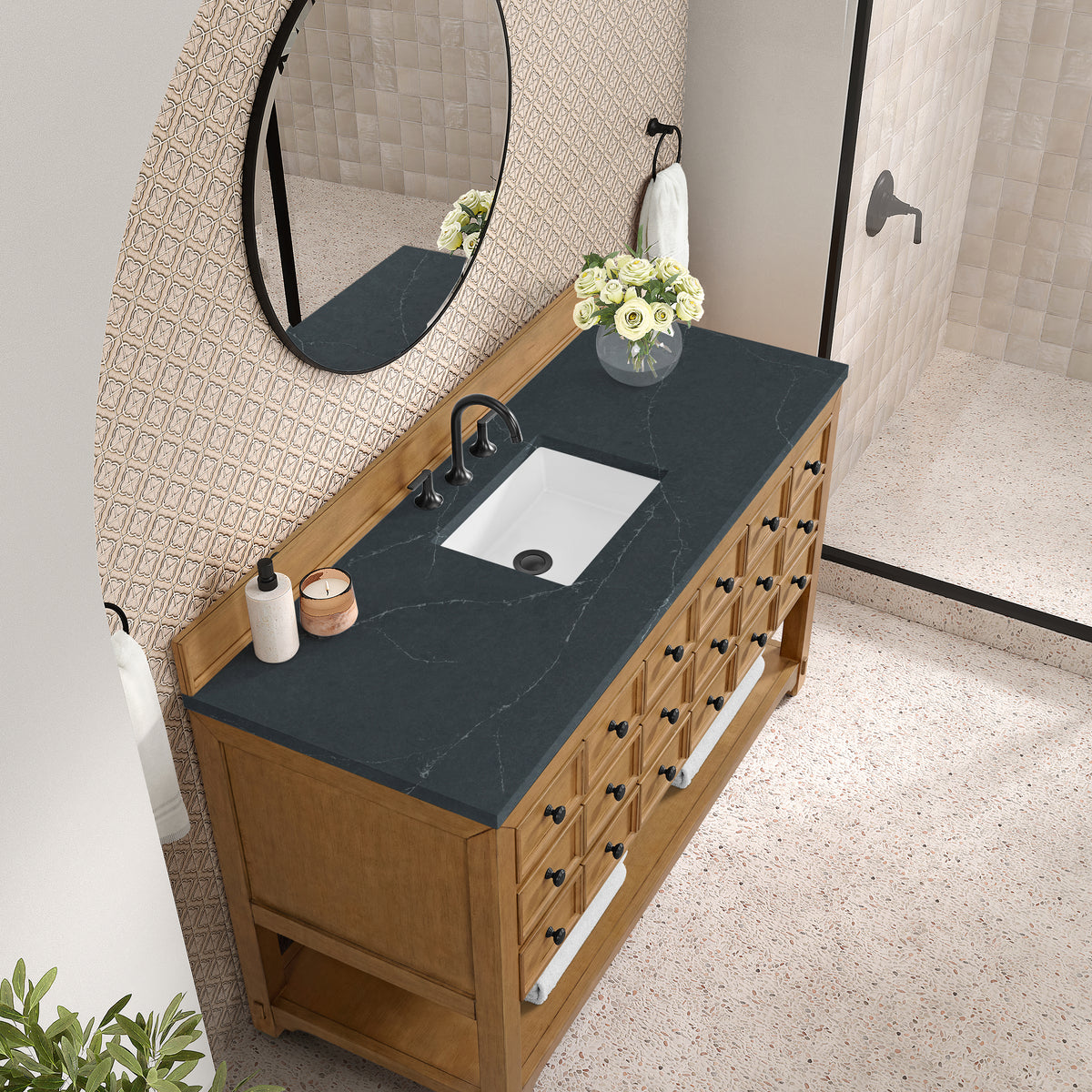 60" Malibu Single Bathroom Vanity, Amber Birch with Charcoal Soapstone Top