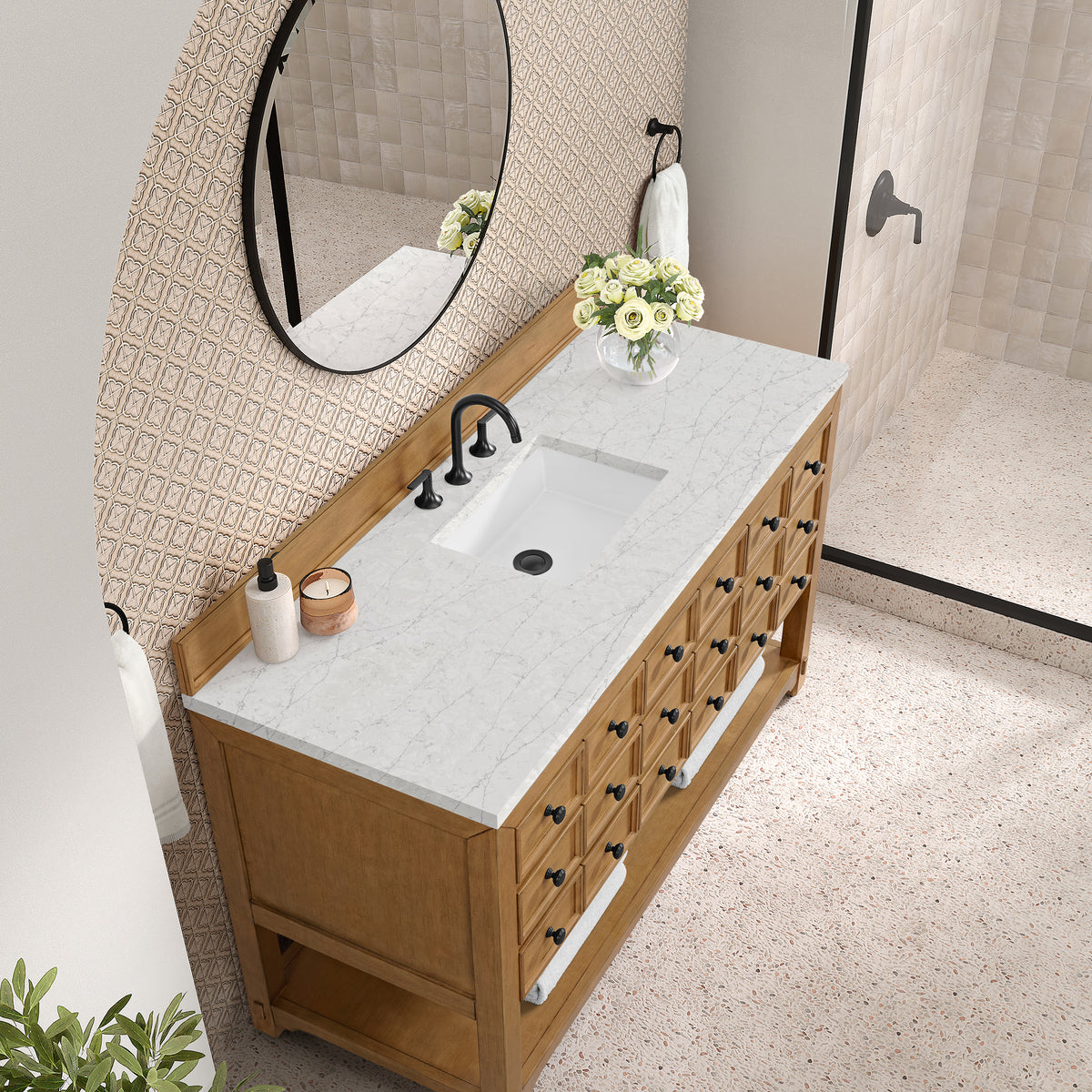 60" Malibu Single Bathroom Vanity, Amber Birch with Eternal Jasmine Pearl Top