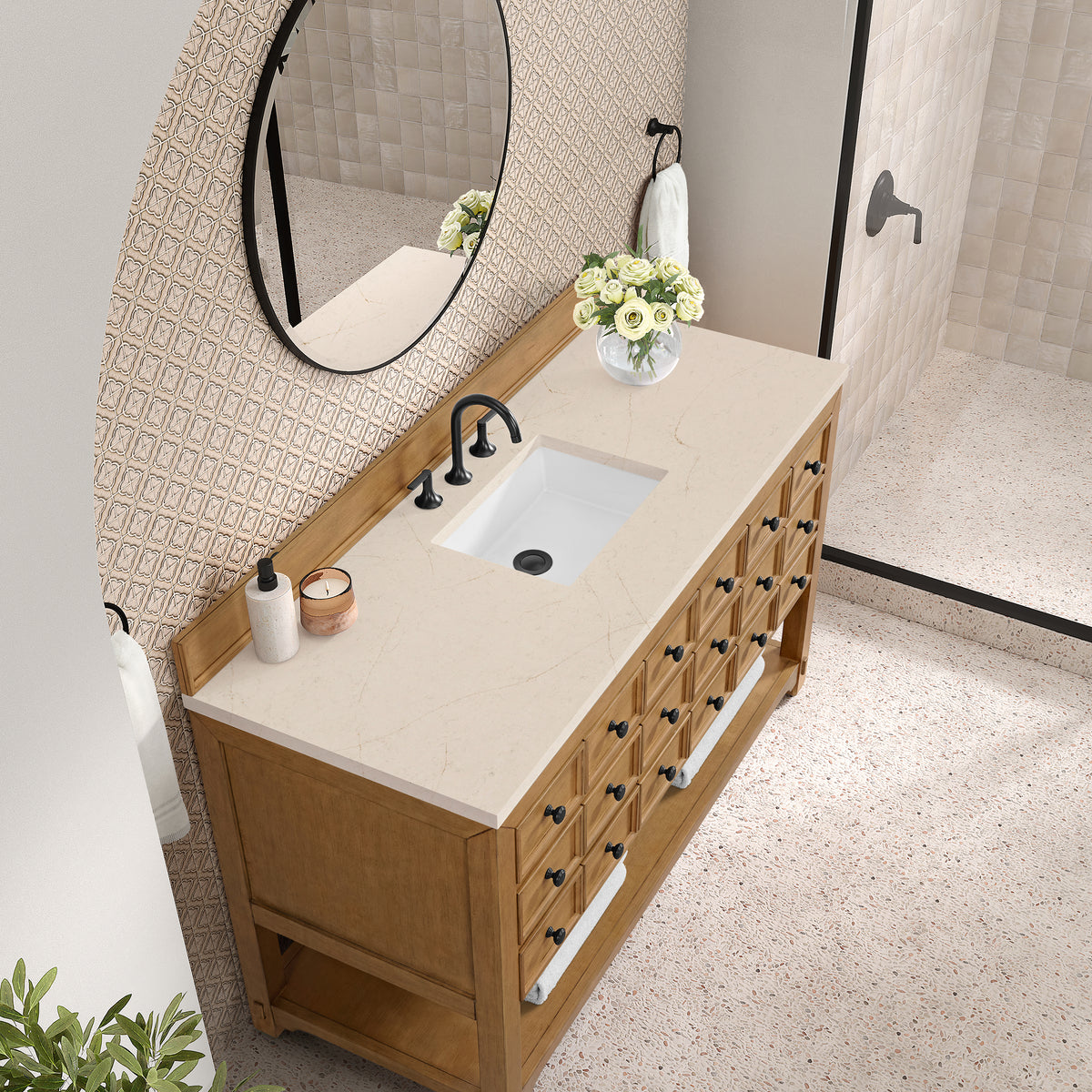 60" Malibu Single Bathroom Vanity, Amber Birch with Eternal Marfil Top