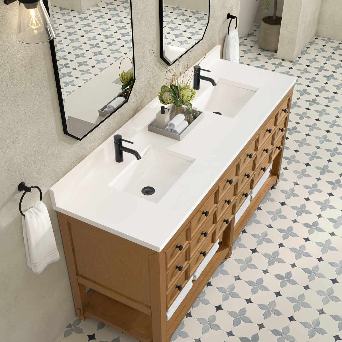 72" Malibu Double Bathroom Vanity, Amber Birch with Single-Hole White Zeus Top