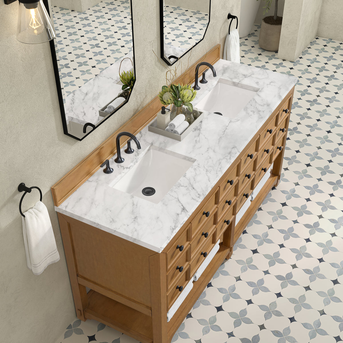 72" Malibu Double Bathroom Vanity, Amber Birch with Carrara Marble Top