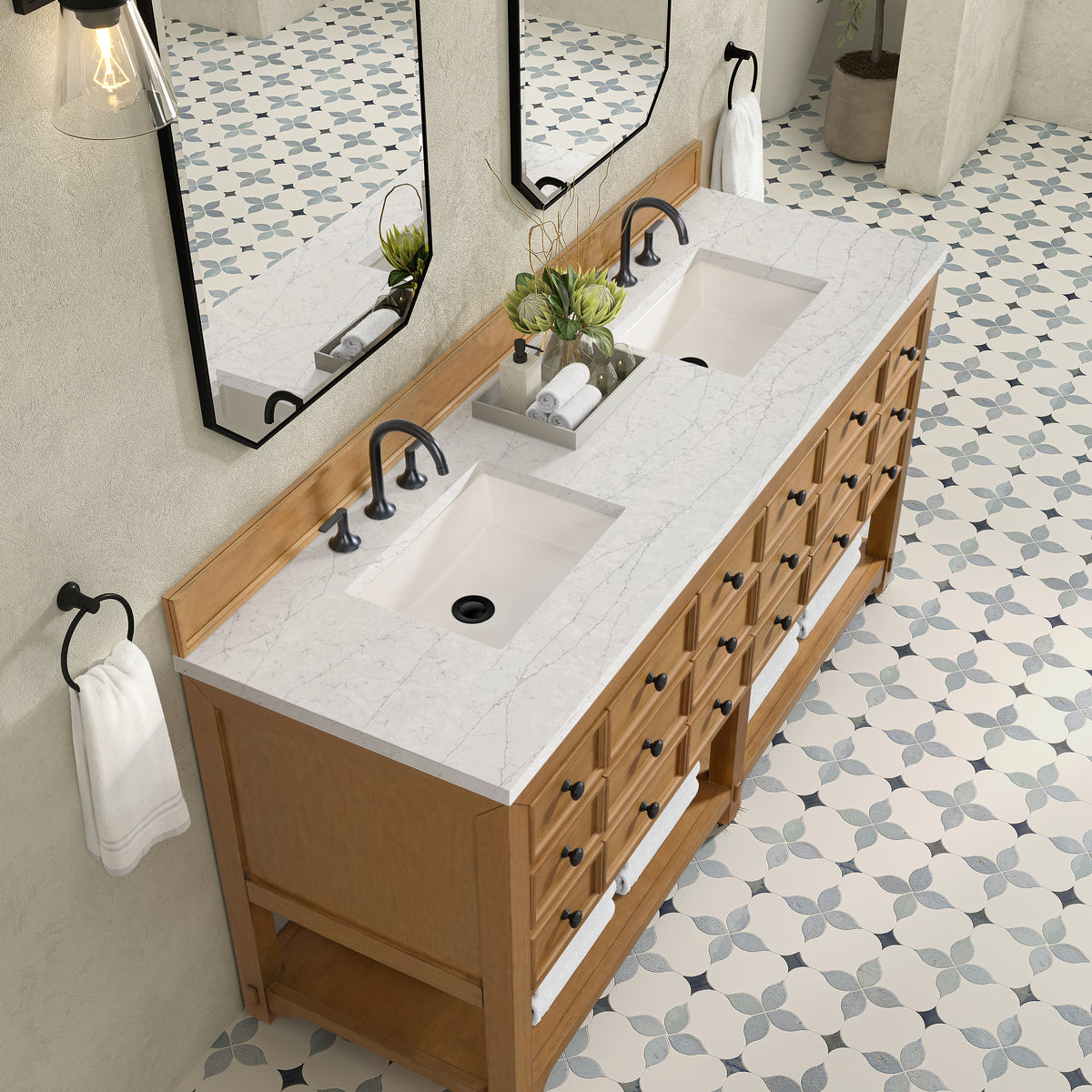 72" Malibu Double Bathroom Vanity, Amber Birch with Eternal Jasmine Pearl Top