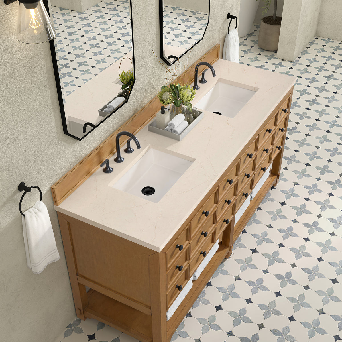 72" Malibu Double Bathroom Vanity, Amber Birch with Eternal Marfil Top