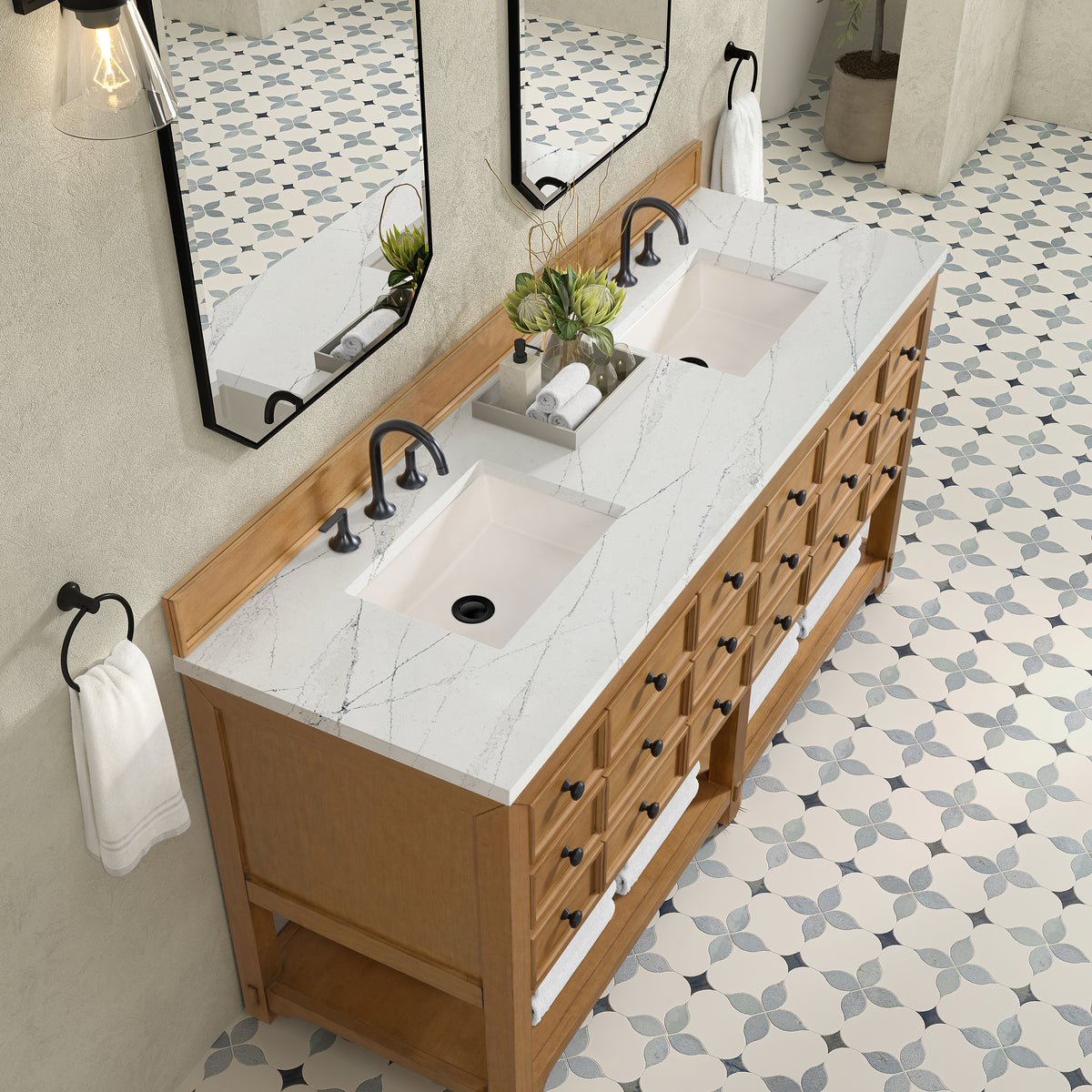 72" Malibu Double Bathroom Vanity, Amber Birch with Ethereal Noctis Top