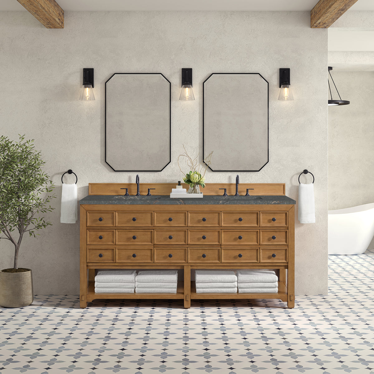 72" Malibu Double Bathroom Vanity, Amber Birch with Parisien Bleu Top