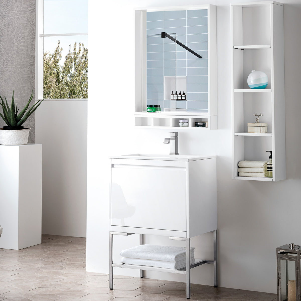 23.6" Mantova Single Bathroom Vanity, Glossy White w/ Brushed Nickel Base