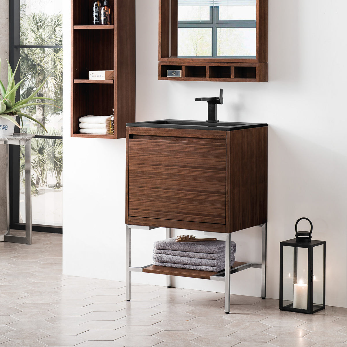 23.6" Mantova Single Bathroom Vanity, Mid-Century Walnut w/ Brushed Nickel Base