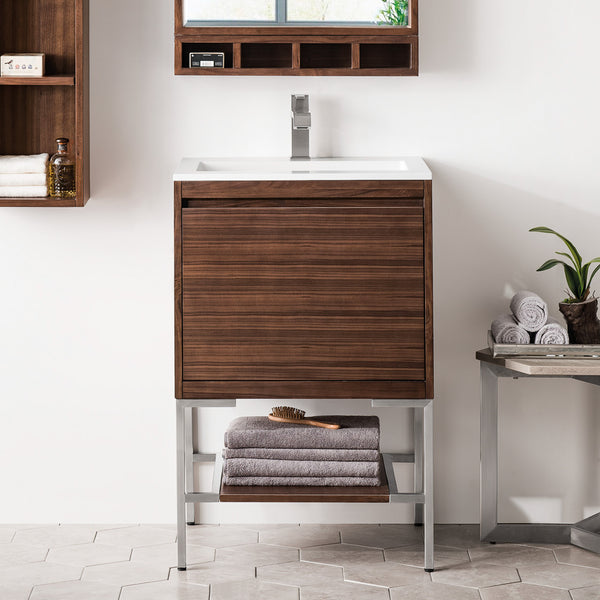 23.6" Mantova Single Bathroom Vanity, Mid-Century Walnut w/ Brushed Nickel Base