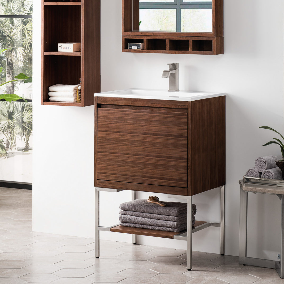 23.6" Mantova Single Bathroom Vanity, Mid-Century Walnut w/ Brushed Nickel Base