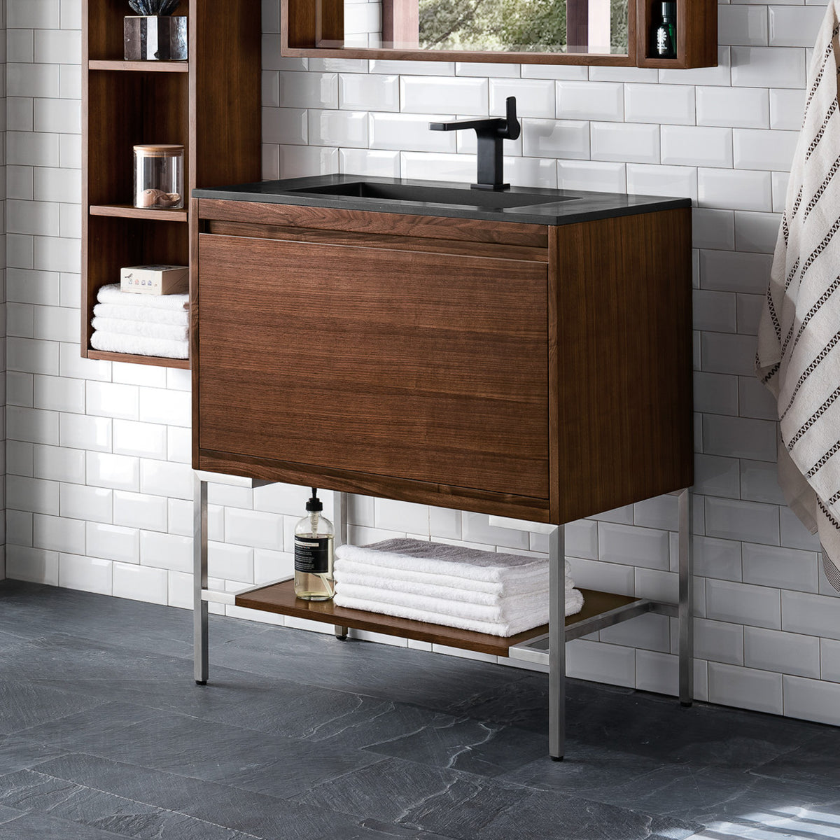 31.5" Mantova Single Bathroom Vanity, Mid-Century Walnut w/ Brushed Nickel Base