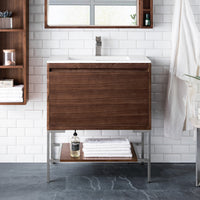 31.5" Mantova Single Bathroom Vanity, Mid-Century Walnut w/ Brushed Nickel Base