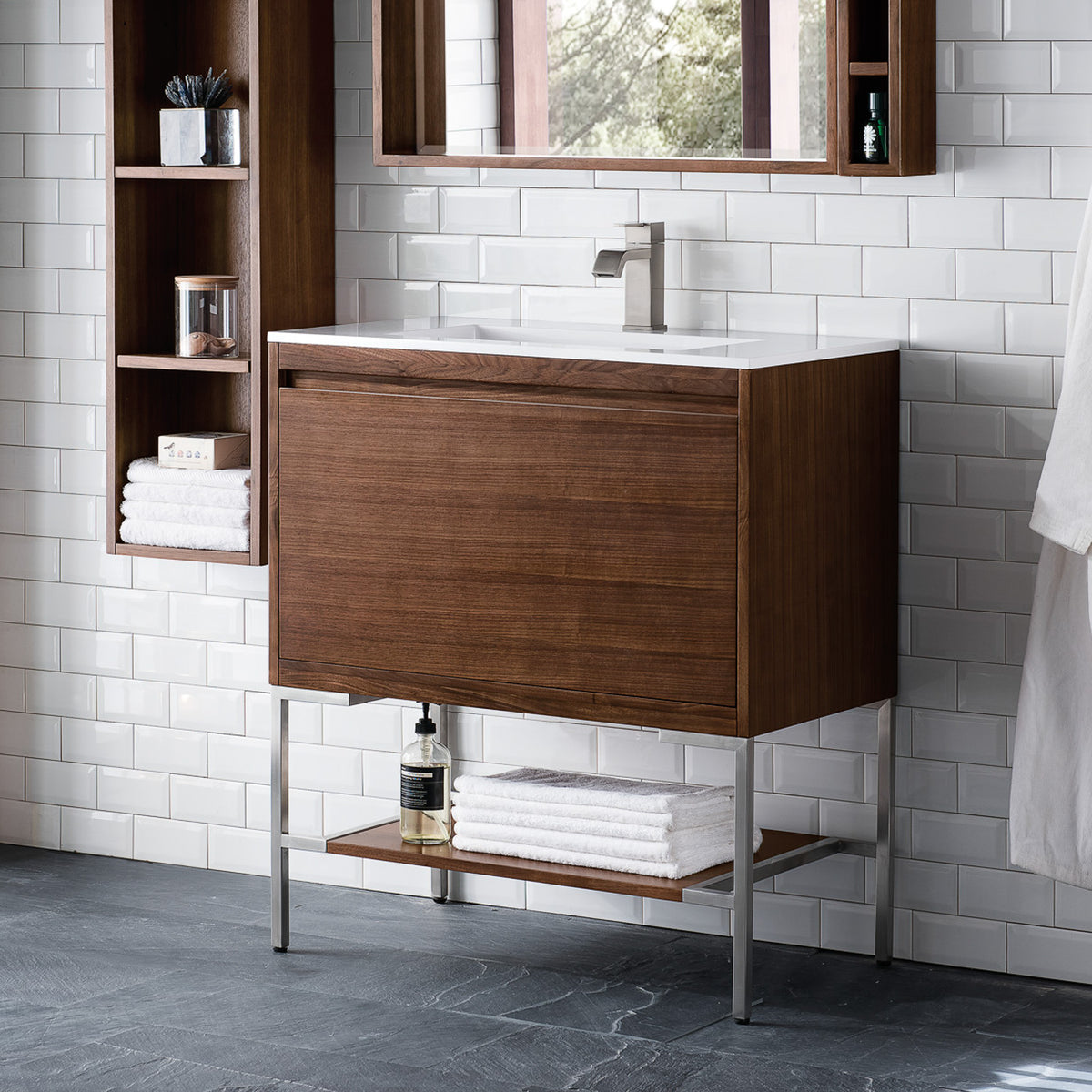 31.5" Mantova Single Bathroom Vanity, Mid-Century Walnut w/ Brushed Nickel Base