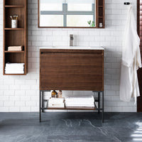 31.5" Mantova Single Bathroom Vanity, Mid-Century Walnut w/ Matte Black Base