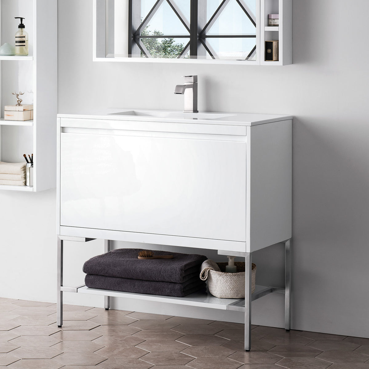 35.4" Mantova Single Bathroom Vanity, Glossy White w/ Brushed Nickel Base