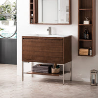 35.4" Mantova Single Bathroom Vanity, Mid-Century Walnut w/ Brushed Nickel Base