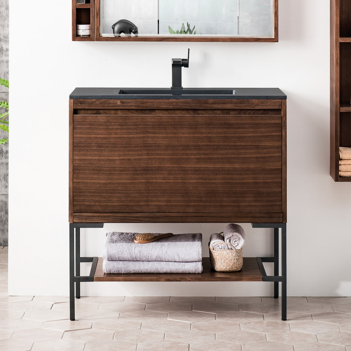 35.4" Mantova Single Bathroom Vanity, Mid-Century Walnut w/ Matte Black Base