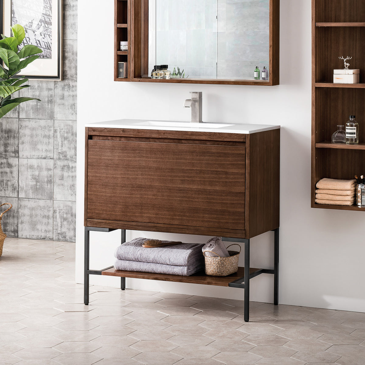 35.4" Mantova Single Bathroom Vanity, Mid-Century Walnut w/ Matte Black Base