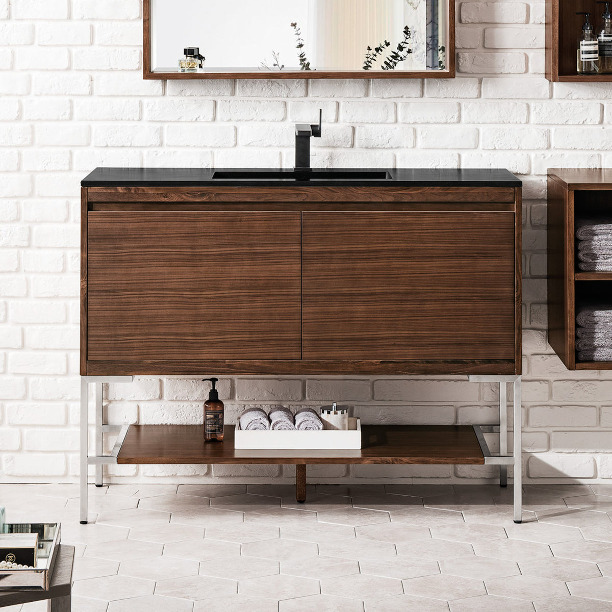 47.3" Mantova Single Bathroom Vanity, Mid-Century Walnut w/ Brushed Nickel Base