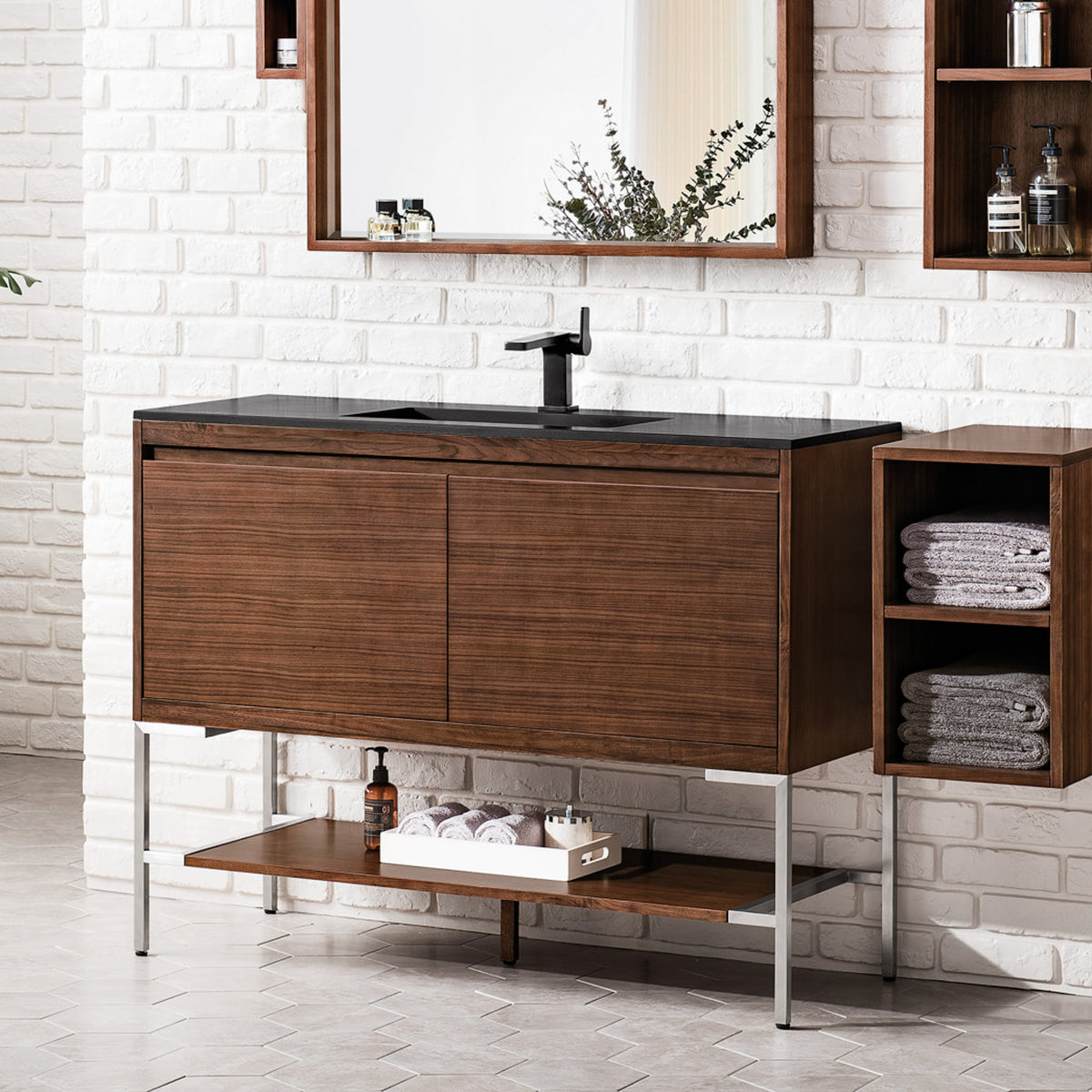 47.3" Mantova Single Bathroom Vanity, Mid-Century Walnut w/ Brushed Nickel Base