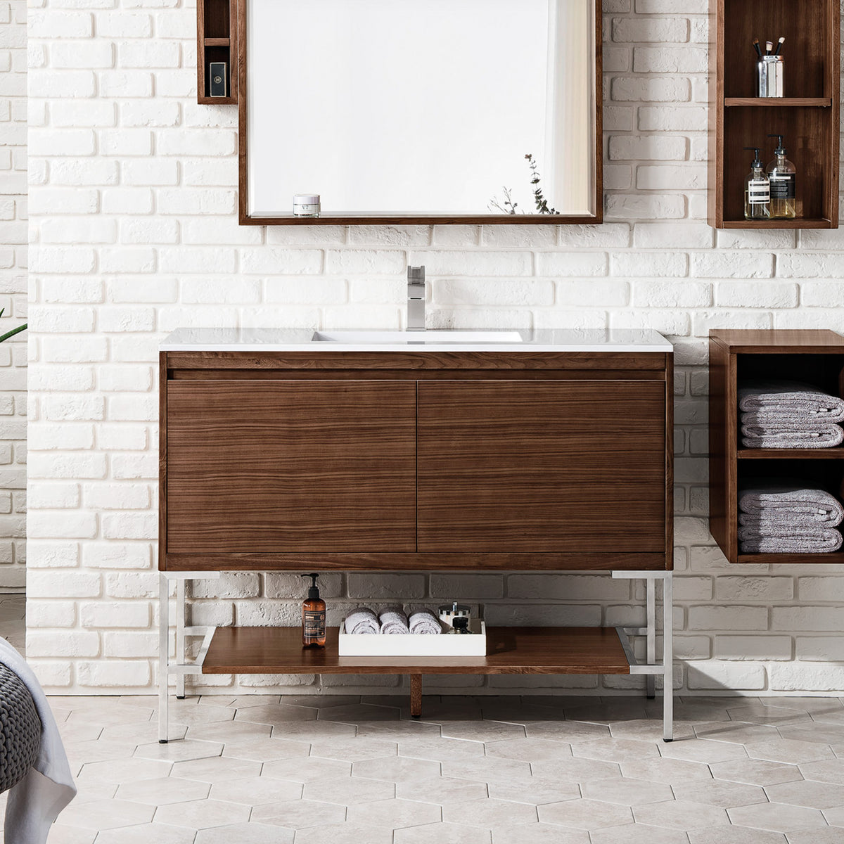 47.3" Mantova Single Bathroom Vanity, Mid-Century Walnut w/ Brushed Nickel Base