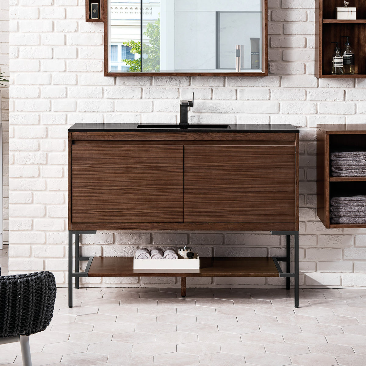 47.3" Mantova Single Bathroom Vanity, Mid-Century Walnut w/ Matte Black Base